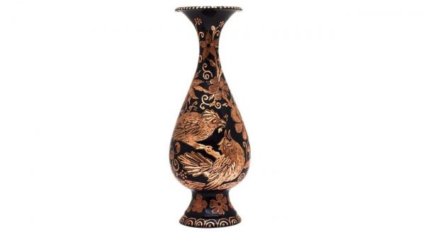 Persian Hand Engraved Copper Flower Vase Glazed Tin Small Bird 1