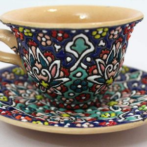 Enamel on pottery, Tea Cup Service + Saucers +Sugar Bowl 11