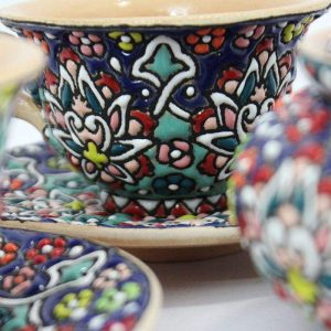 Enamel on pottery, Tea Cup Service + Saucers +Sugar Bowl 14