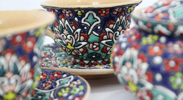 Enamel on pottery, Tea Cup Service + Saucers +Sugar Bowl 6