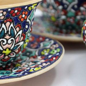 Enamel on pottery, Tea Cup Service + Saucers +Sugar Bowl 17