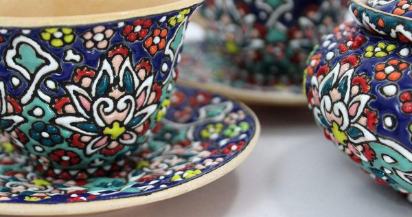 Enamel on pottery, Tea Cup Service + Saucers +Sugar Bowl 9