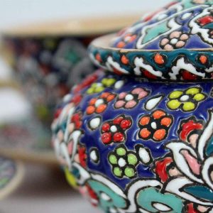 Enamel on pottery, Tea Cup Service + Saucers +Sugar Bowl 18