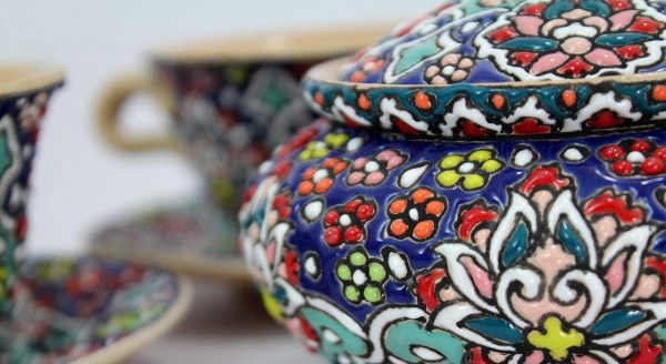 Enamel on pottery, Tea Cup Service + Saucers +Sugar Bowl 10