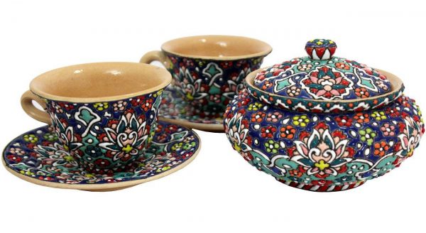 Enamel on pottery, Tea Cup Service + Saucers +Sugar Bowl 2