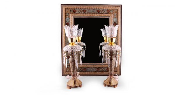 Persian Marquetry Khatam Kari Candlesticks and Mirror Set 2