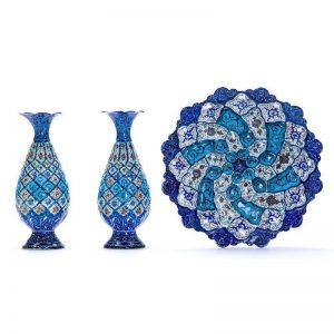 Minakari Persian Enamel Plate and 2 pots set 11