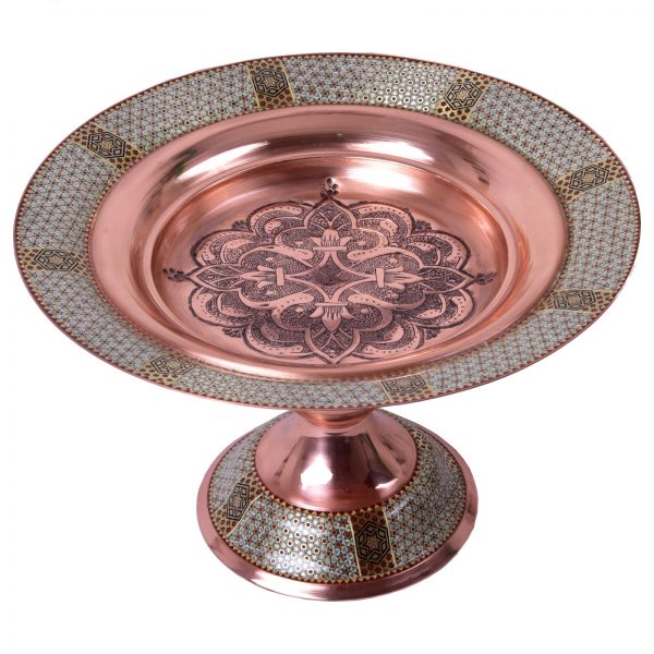 Persian Marquetry Khatam Kari Pedestal Bowl Dish Copper, Royal Design 3