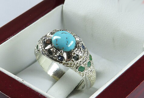Silver Turquoise Ring, Trojan Design 3