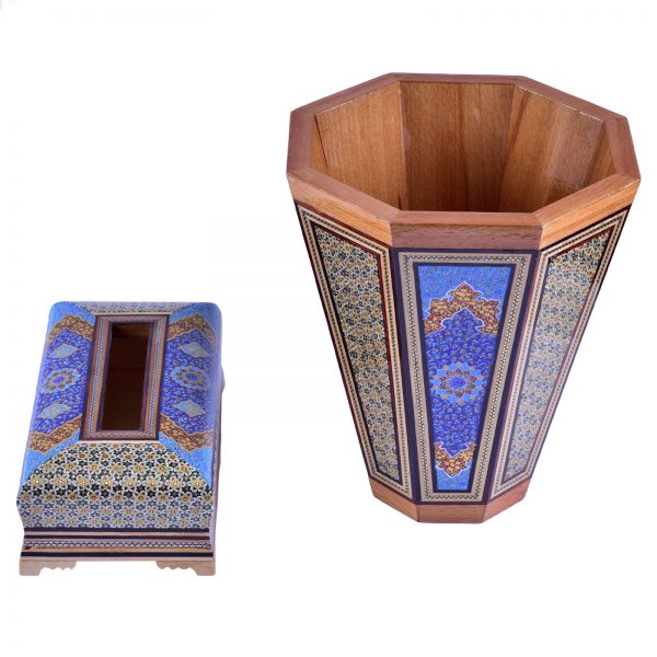 Persian Marquetry Tissue Box and Trash Bin, Blue Lux Set Design 4
