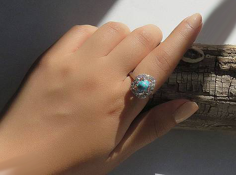 Silver Turquoise Ring, Rose Design 4
