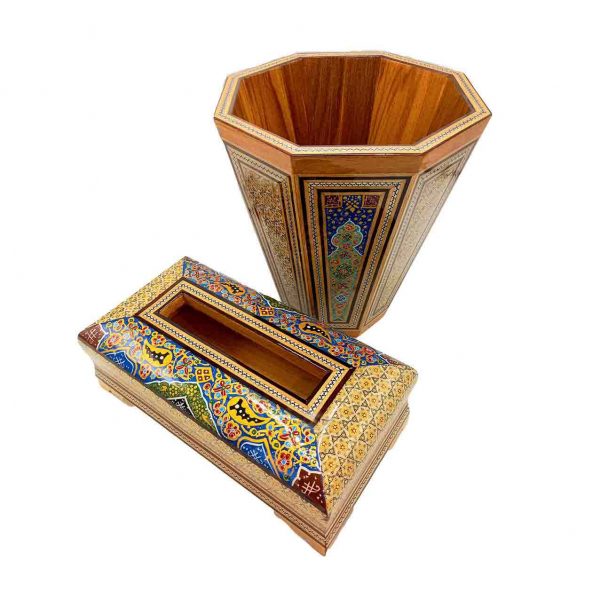 Persian Marquetry Tissue Box & Trash Bin Set , Motley Design 3