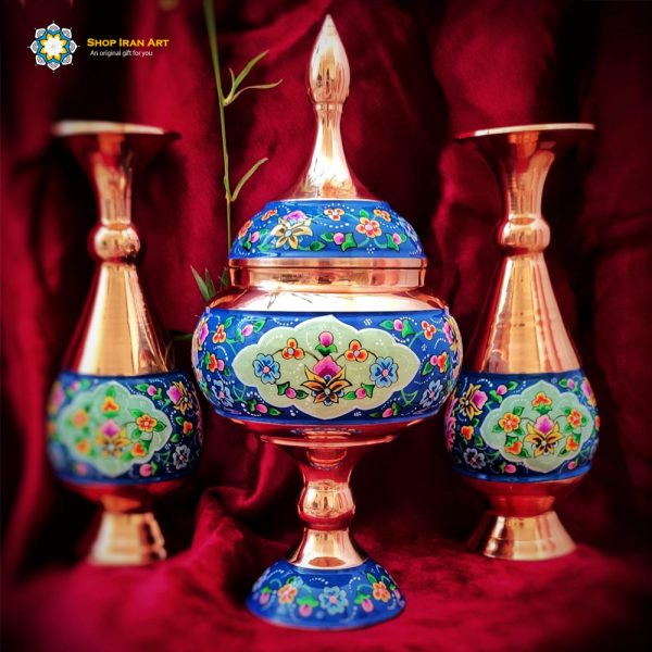Persian Enamel Painting 2 Flower Pots and Candy Dish Set (3 PCs) 4