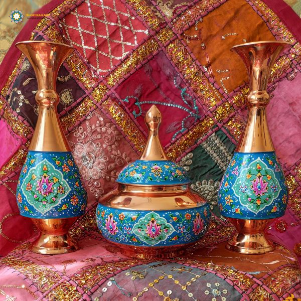 Persian Enamel Painting 2 Flower Pots and Candy Dish Set (3 PCs) 4