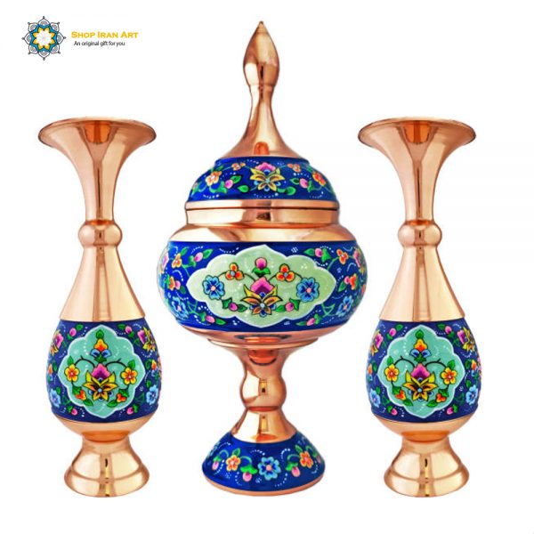Persian Enamel Painting 2 Flower Pots and Candy Dish Set (3 PCs) 3