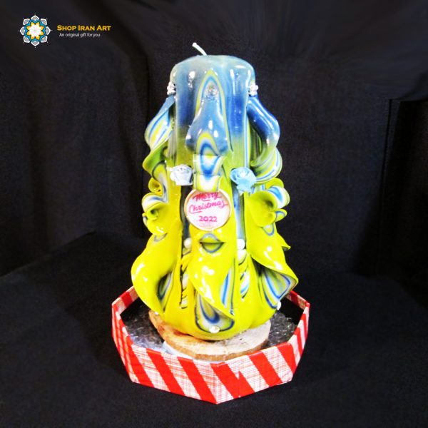 Hand Carved Candle, Blue & Yellow Christmas (20 cm height) 3