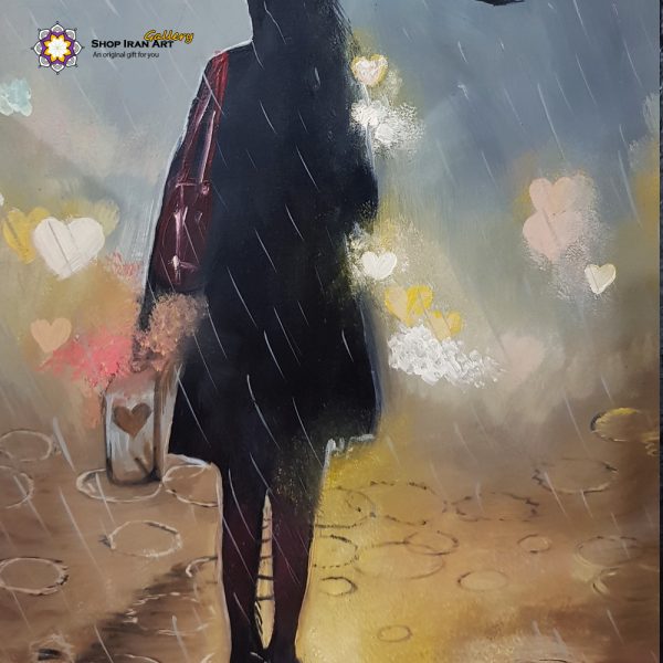 Oil Painting, Lady walking in the rain (Hand-painted)