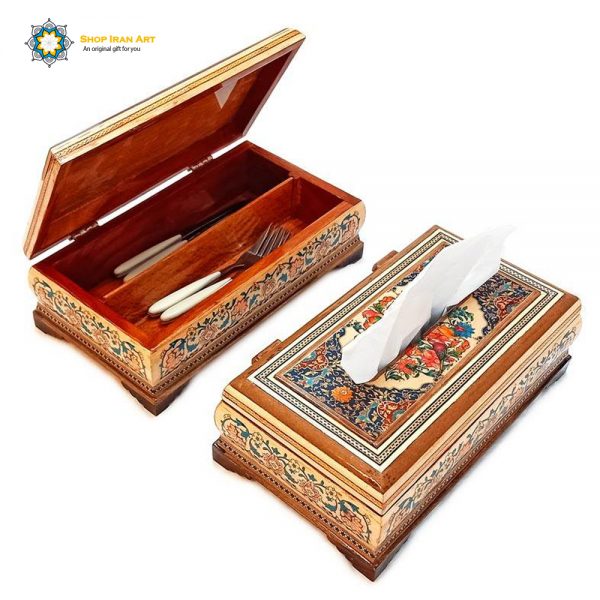 Persian Marquetry Spoon & Fork Box and Tissue Box set, Rose Design