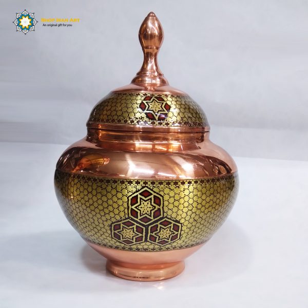Persian Marquetry Khatam Kari, Candy Dish, Copper, Golden Design